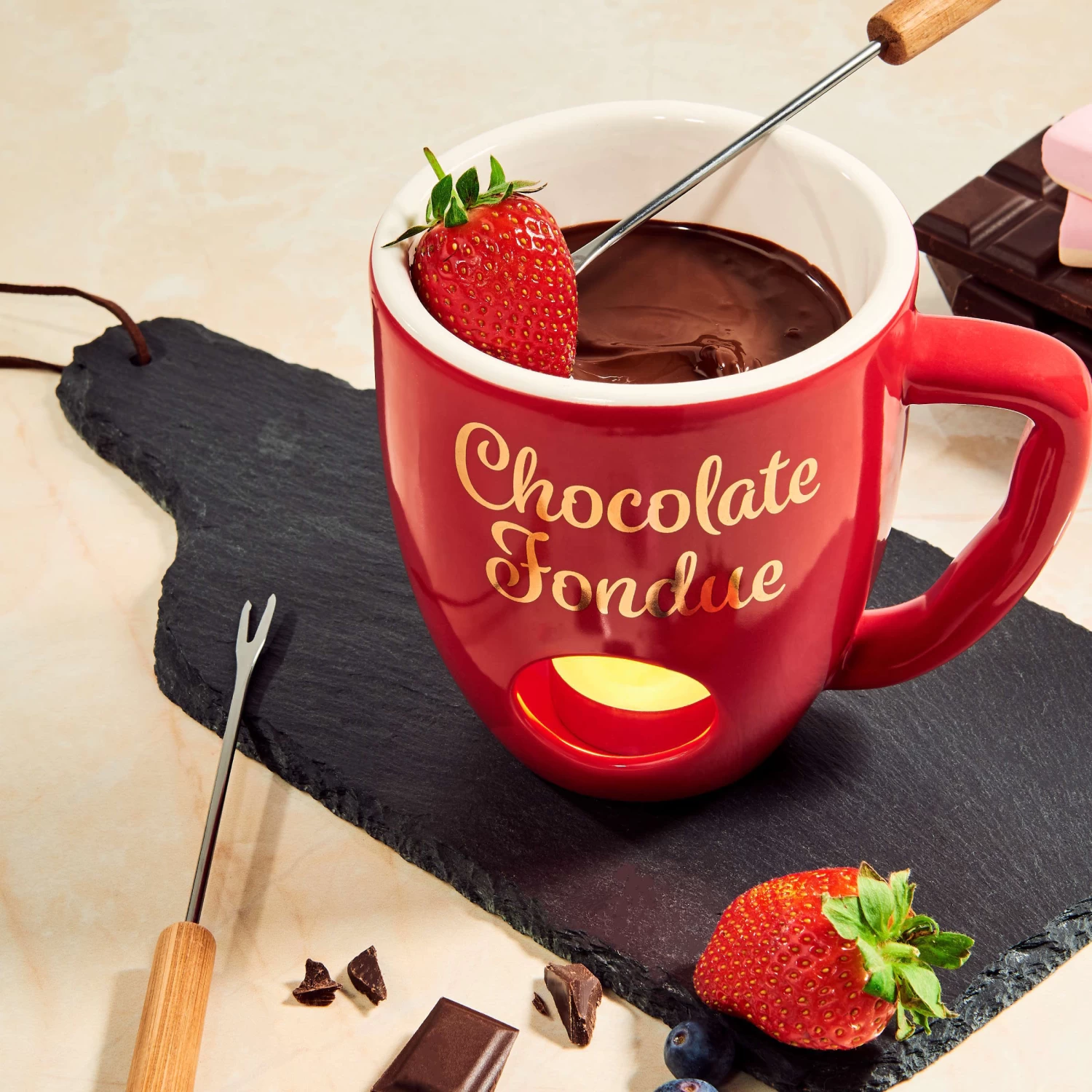 Tasse Mit 2 Gabeln CHOCOLATE FONDUE In Rot 2 Tasse Mit 2 Gabeln CHOCOLATE FONDUE In Rot – Bild 2
